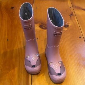 JOULES Youth 4 Pink Fox Face Wellies Rain Boots Gold Detailing
